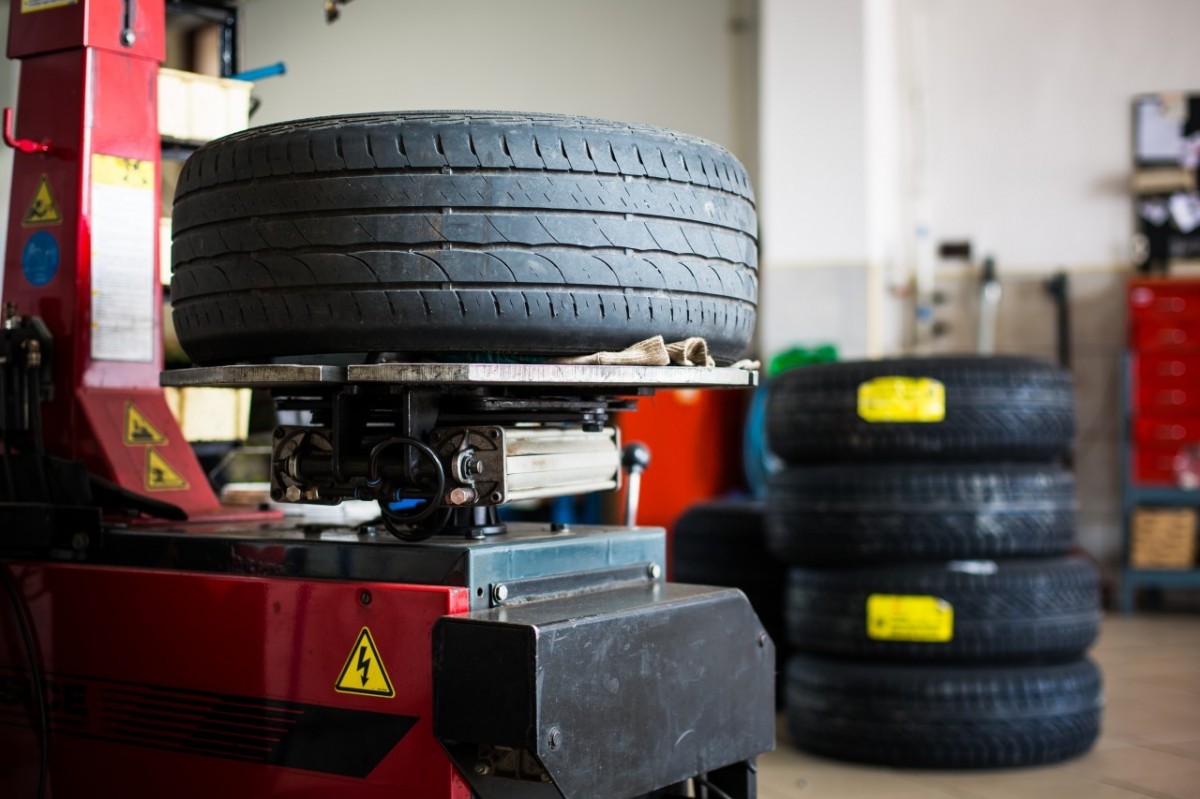 Tire in automotive shop